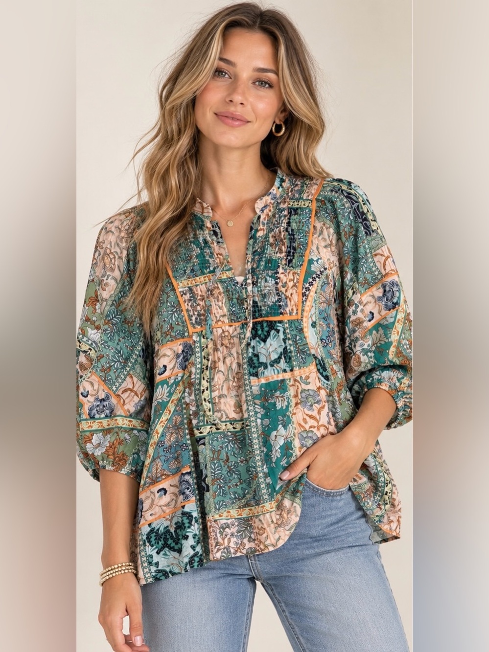 Umgee Boho Patchwork Floral Smocked Yoke Peasant Top Green Paisley | S